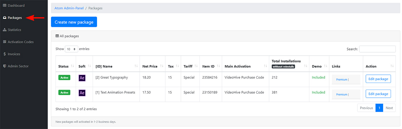 All Packages in Admin Center