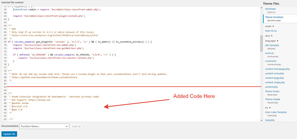 WooCommerce Theme Editor - added code below